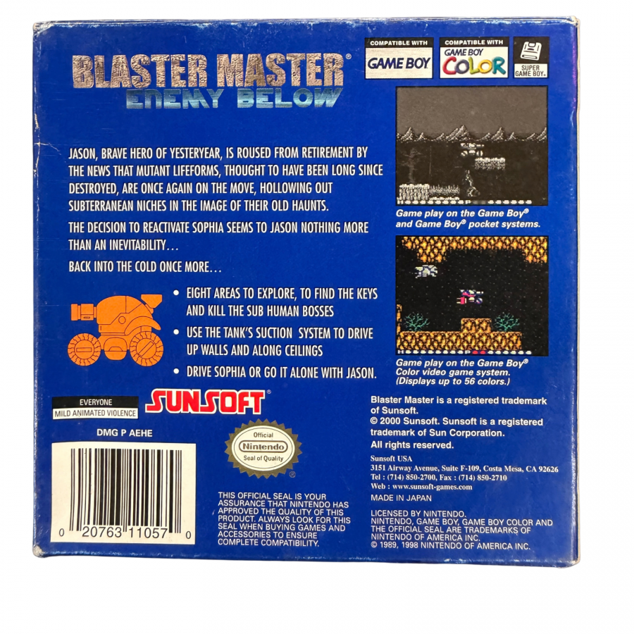 Blaster Master Enemy Below Game Boy Color GBC video game featuring action platforming gameplay underground exploration vehicle combat weapon upgrades enemy battles boss fights and classic handheld adventure retro video game collection collectible gaming appeal back cover art