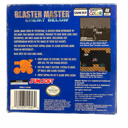 Blaster Master Enemy Below Game Boy Color GBC video game featuring action platforming gameplay underground exploration vehicle combat weapon upgrades enemy battles boss fights and classic handheld adventure retro video game collection collectible gaming appeal back cover art