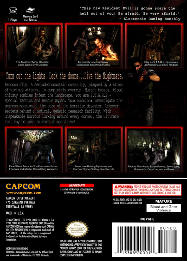 Resident Evil back of case for Nintendo GameCube (GC) survival horror video game