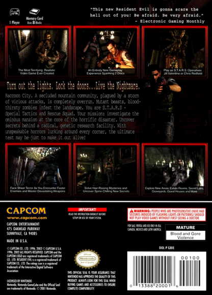Resident Evil back of case for Nintendo GameCube (GC) survival horror video game
