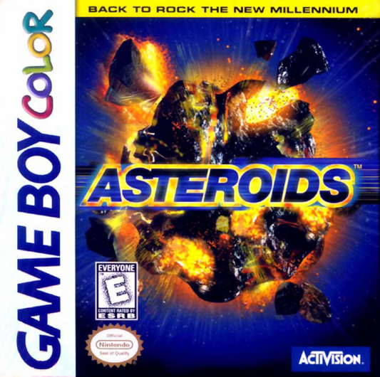 Asteroids Game Boy Color arcade port space shooter video game vector graphics style navigating asteroid field blasting rocks UFOs cover art