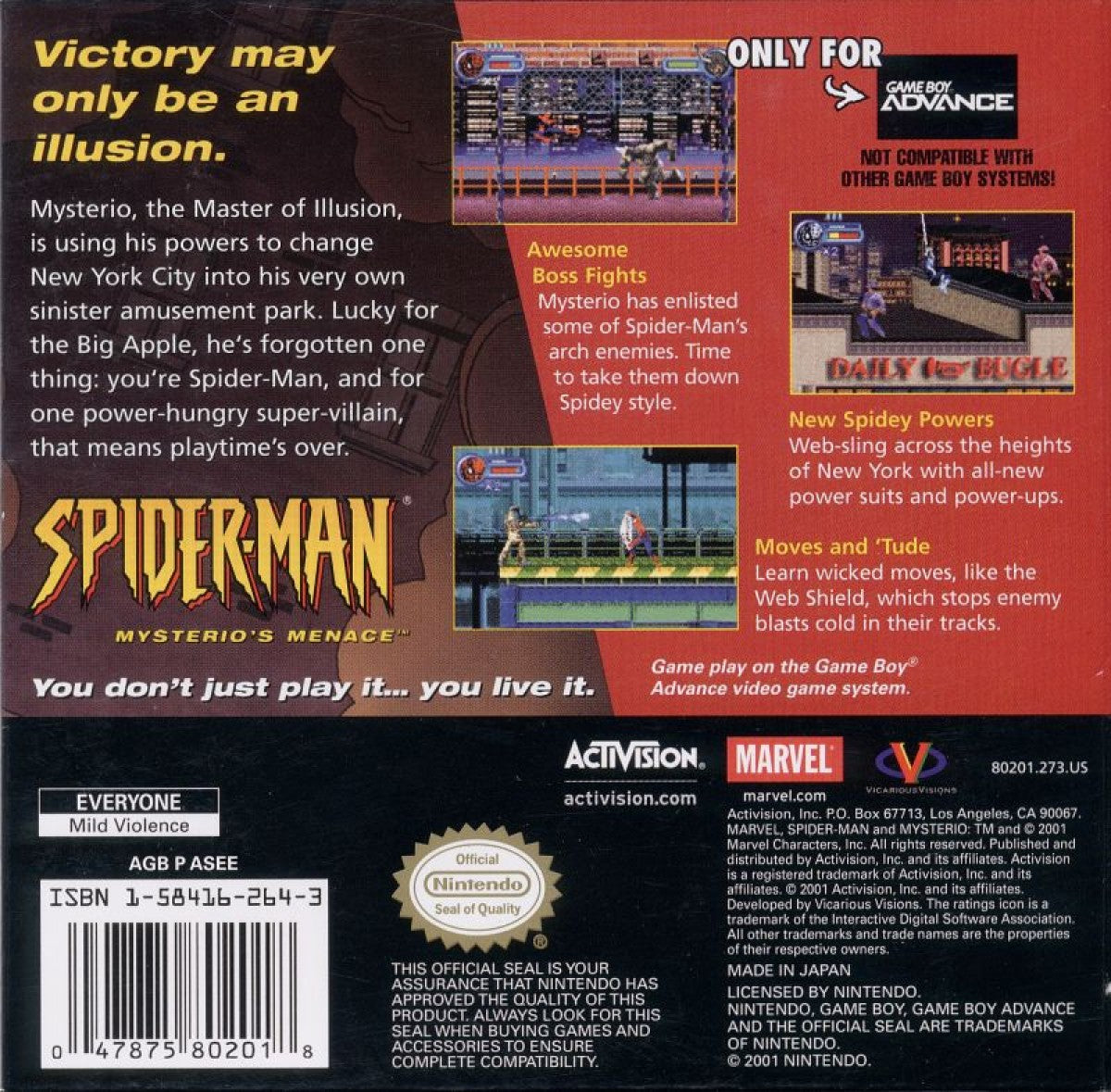 Spider Man Mysterio’s Menace Game Boy Advance GBA for retro video game enthusiasts featuring superhero action platforming gameplay web slinging combat villain encounters side scrolling adventure levels Marvel inspired missions fast paced handheld action and collectible gaming appeal back cover