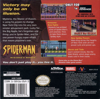 Spider Man Mysterio’s Menace Game Boy Advance GBA for retro video game enthusiasts featuring superhero action platforming gameplay web slinging combat villain encounters side scrolling adventure levels Marvel inspired missions fast paced handheld action and collectible gaming appeal back cover
