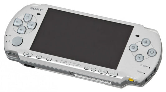 Silver PlayStation Portable PSP 2000 handheld gaming system featuring slim and lightweight design widescreen display UMD game support Wi Fi connectivity multimedia playback video output capability rechargeable battery iconic Sony portable console compatibility with PSP games collectible gaming appeal
