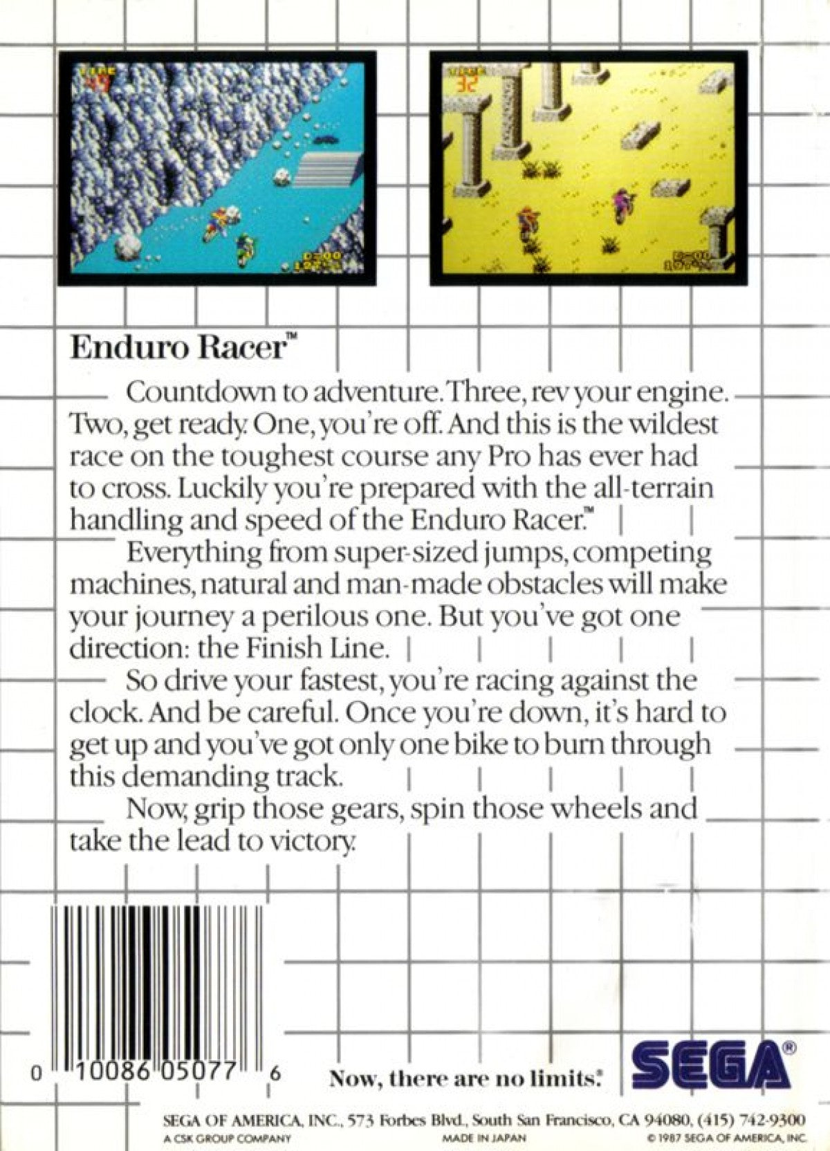 Enduro Racer – Sega Master System (SMS) back of case for motorcycle racing video game
