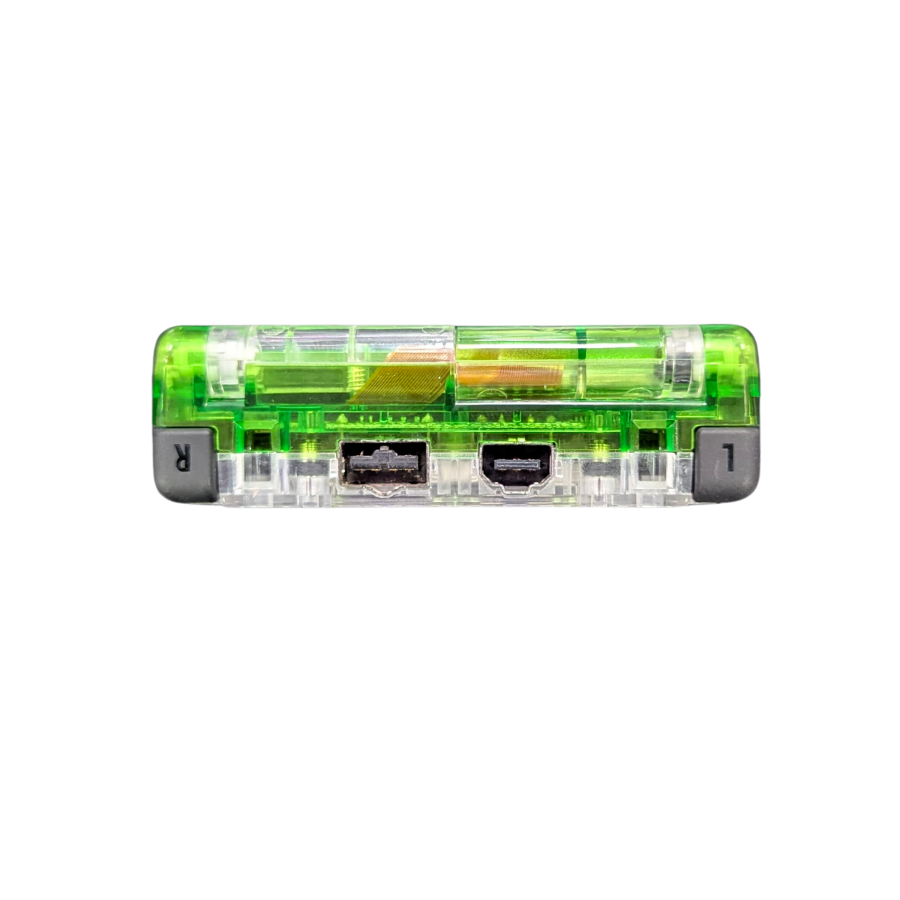 Game Boy Advance SP (GBA SP) [Custom Green Shell & IPS Screen Mod] at Gamers INC, featuring a vibrant, high-definition backlit IPS display for superior clarity and brightness, housed in a custom-built green shell with a modern aesthetic, offering a premium handheld experience for playing your entire library of classic GBA, GBC, and GB games on an upgraded system back ports