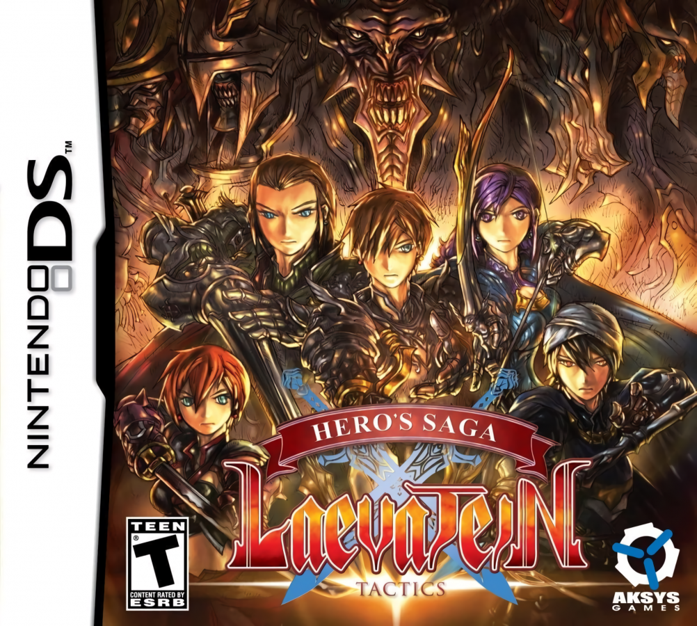 Hero's Saga Laevatein Tactics cartridge for the Nintendo DS featuring tactical turn based RPG gameplay with grid based battles character customization and strategic missions in a fantasy adventure setting cover art