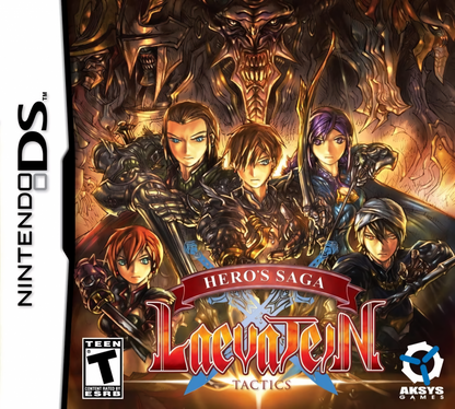 Hero's Saga Laevatein Tactics cartridge for the Nintendo DS featuring tactical turn based RPG gameplay with grid based battles character customization and strategic missions in a fantasy adventure setting cover art