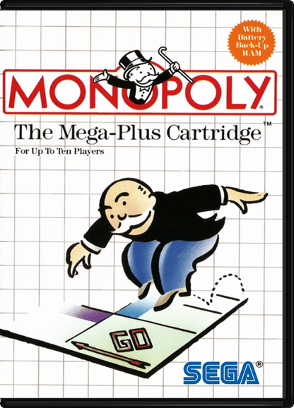 Monopoly cover art for Sega Master System (SMS) strategy board game adaptation featuring classic Parker Brothers property trading theme