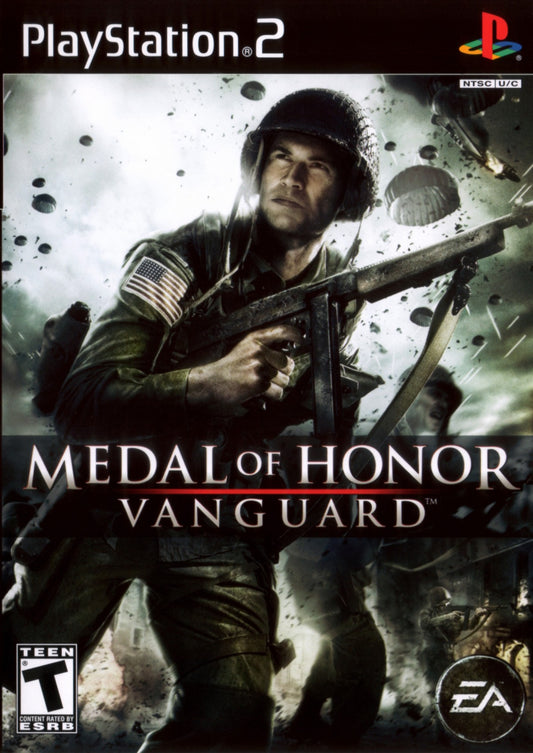Medal of Honor Vanguard PS2 Sony PlayStation 2 first person shooter WWII military combat airborne paratrooper missions historical war campaign EA shooter gameplay squad based action retro gaming PlayStation 2 software video game title cover art
