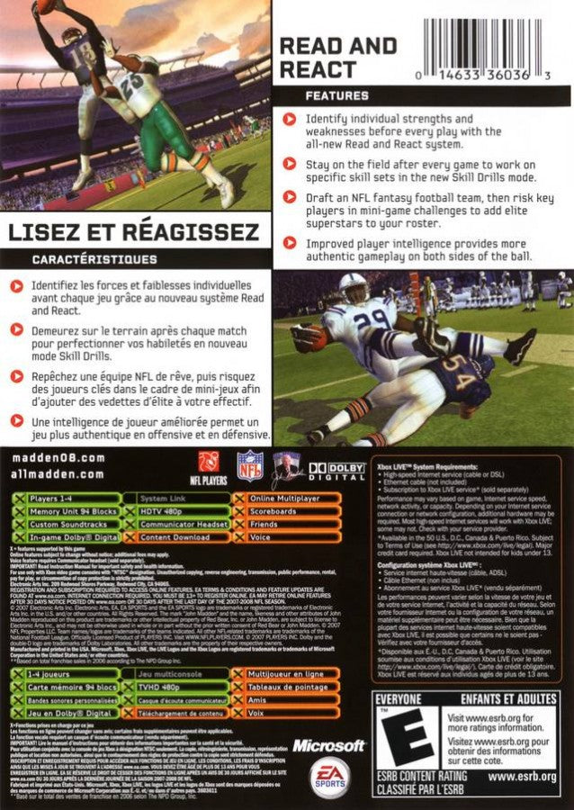 Madden NFL 2008 back cover art for Xbox (XBOX) video game