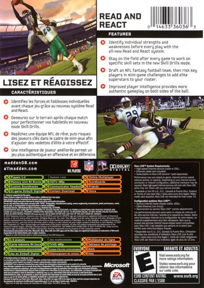 Madden NFL 2008 back cover art for Xbox (XBOX) video game