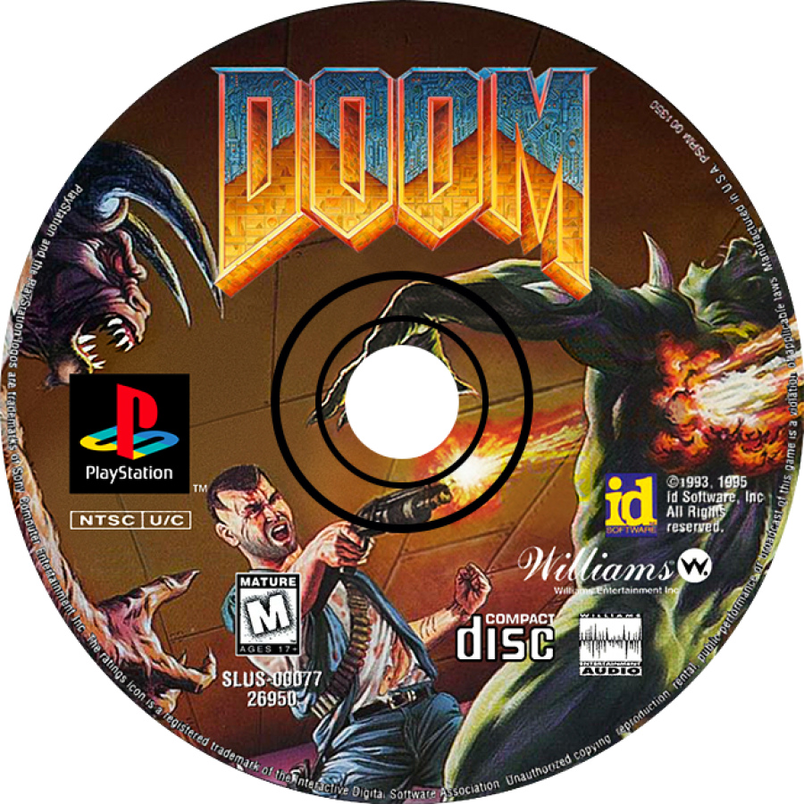 Retro Doom PS1 inspired design featuring classic first person shooter horror aesthetic vintage PlayStation demon invasion dark industrial corridors intense gunplay hellish creatures atmospheric survival action nostalgic retro FPS presentation disc