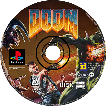 Retro Doom PS1 inspired design featuring classic first person shooter horror aesthetic vintage PlayStation demon invasion dark industrial corridors intense gunplay hellish creatures atmospheric survival action nostalgic retro FPS presentation disc