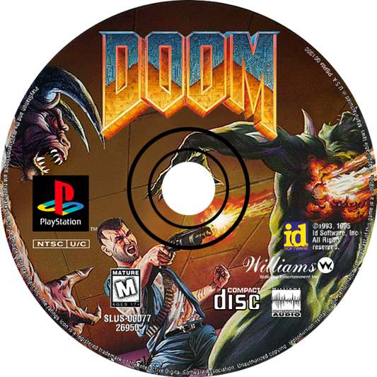 Retro Doom PS1 inspired design featuring classic first person shooter horror aesthetic vintage PlayStation demon invasion dark industrial corridors intense gunplay hellish creatures atmospheric survival action nostalgic retro FPS presentation disc