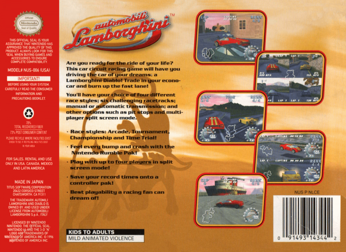 Automobili Lamborghini back cover art for Nintendo 64 (N64) video game