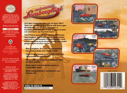 Automobili Lamborghini back cover art for Nintendo 64 (N64) video game