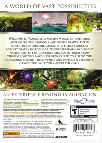 Final Fantasy XI back of case for Xbox 360 (X360) massively multiplayer online role-playing video game