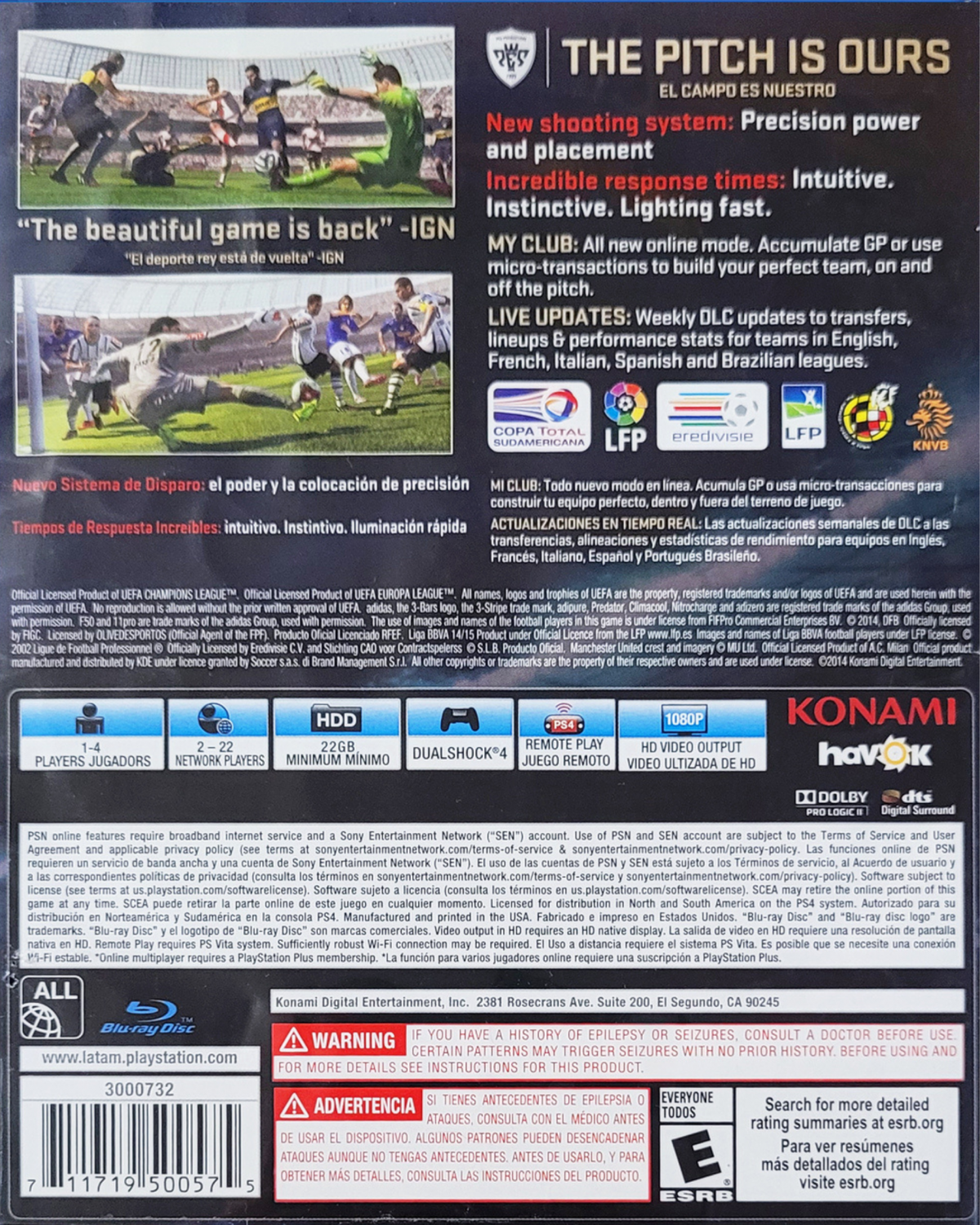 Pro Evolution Soccer 2015 for PlayStation 4 (PS4) at Gamers INC, featuring the award-winning FOX Engine for stunning realism, incredible player likenesses, and revamped "The Pitch is Ours" gameplay for unparalleled control and fluid soccer action on your PS4 console back cover