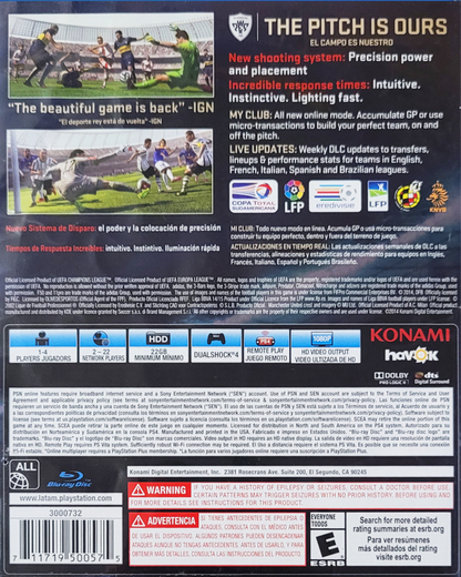 Pro Evolution Soccer 2015 for PlayStation 4 (PS4) at Gamers INC, featuring the award-winning FOX Engine for stunning realism, incredible player likenesses, and revamped "The Pitch is Ours" gameplay for unparalleled control and fluid soccer action on your PS4 console back cover