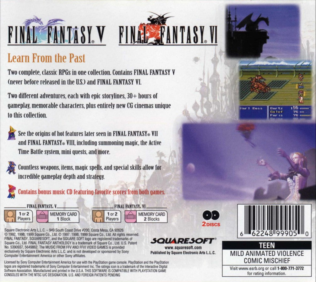 Final Fantasy Anthology PS1 PlayStation 1 JRPG role playing game Final Fantasy V and VI collection turn based combat fantasy adventure retro video game back of case