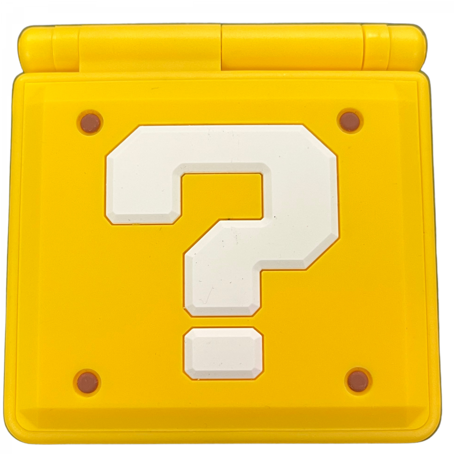 Custom Question Block Shell Game Boy Advance SP GBA SP handheld gaming console featuring Super Mario Bros Question Block design custom shell IPS backlit screen enhanced display vibrant colors adjustable viewing experience foldable clamshell design rechargeable battery portable Nintendo gaming hardware retro gaming collection collectible handheld console appeal