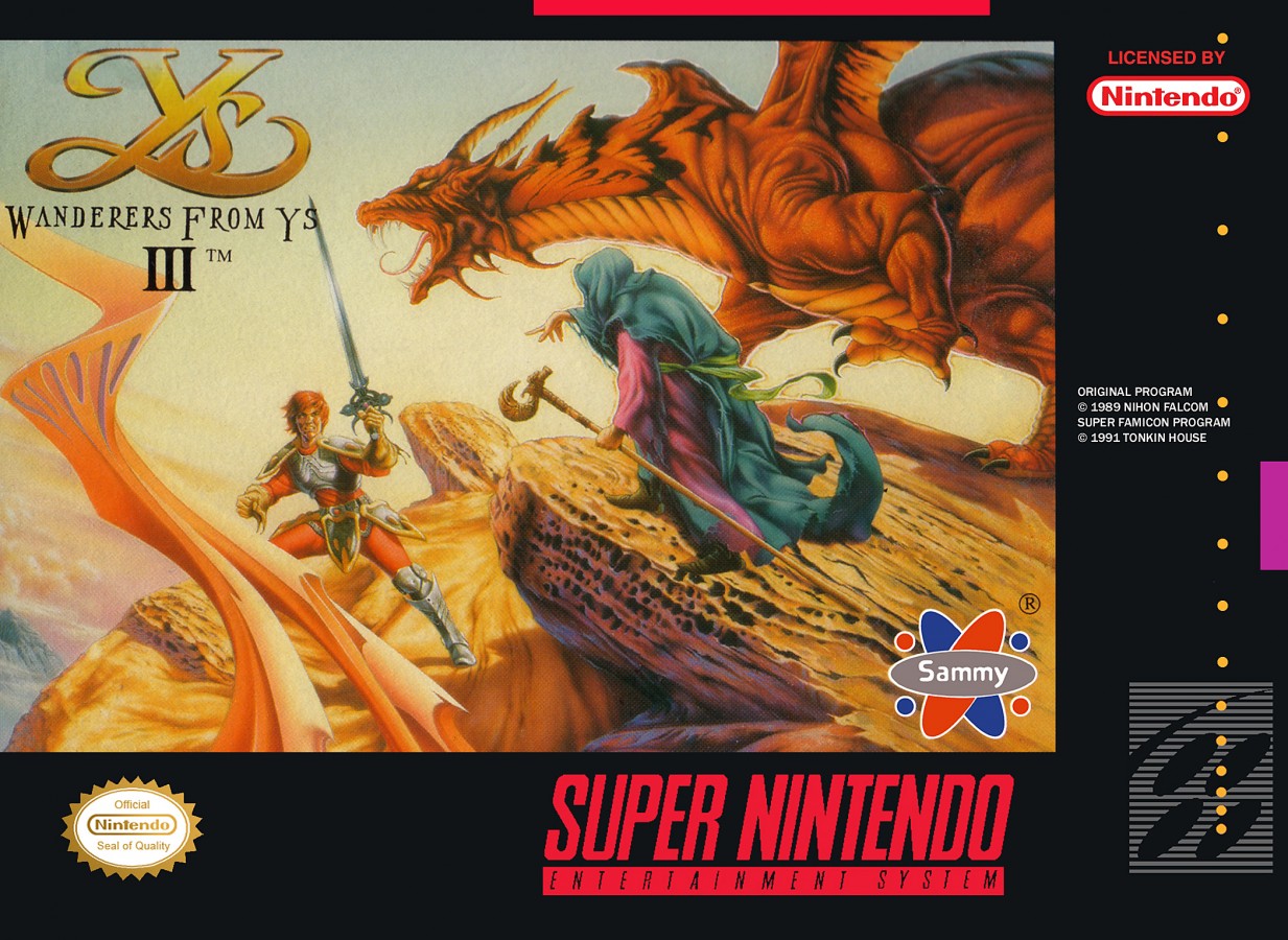 Ys III Wanderers from Ys retro SNES video game Ys fantasy action role playing side scrolling combat adventure exploration classic RPG gameplay console title Super Nintendo release cover art