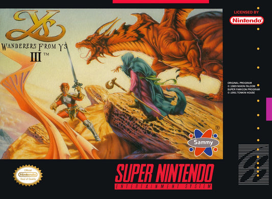 Ys III Wanderers from Ys retro SNES video game Ys fantasy action role playing side scrolling combat adventure exploration classic RPG gameplay console title Super Nintendo release cover art
