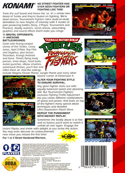 Teenage Mutant Ninja Turtles Tournament Fighters Sega Genesis retro video game fighting back of case (1993)