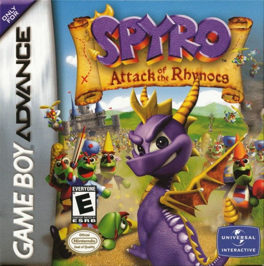 Spyro Attack of the Rhynocs Game Boy Advance GBA for retro video game enthusiasts featuring action adventure platforming gameplay colorful fantasy worlds dragon abilities exploration puzzle solving memorable characters and collectible gaming appeal cover art 