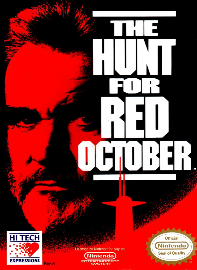 Hunt for Red October Nintendo Entertainment System NES video game featuring submarine action gameplay naval combat underwater missions strategic navigation torpedo attacks enemy submarines stealth operations ocean environments and classic 8 bit Nintendo gameplay retro video game collection collectible gaming appeal front cover art