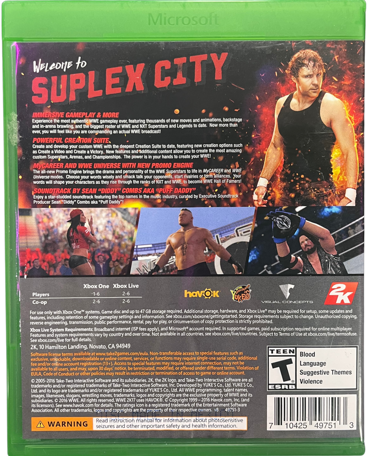 WWE 2K17 Xbox One for retro video game enthusiasts featuring professional wrestling gameplay authentic WWE Superstars realistic ring action career mode creation tools competitive multiplayer matches and collectible gaming appeal back art 