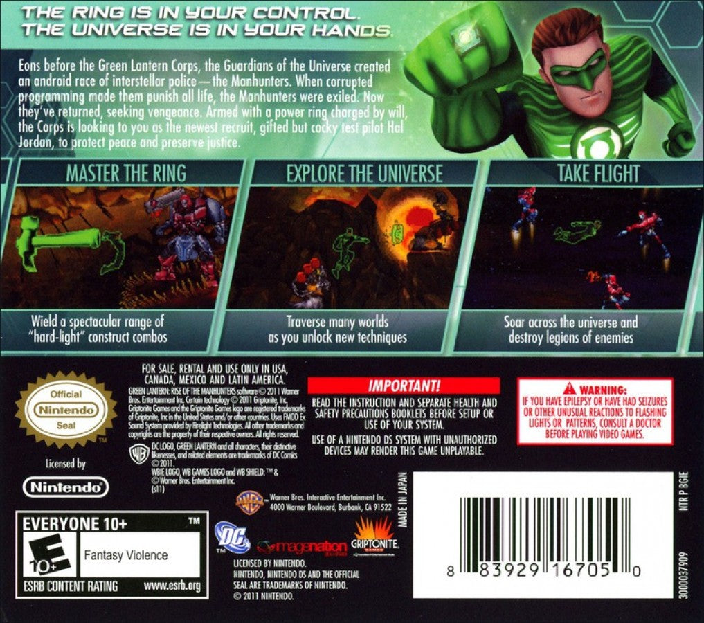 Green Lantern Rise of the Manhunters Nintendo DS video game, action adventure, superhero gameplay, DC Comics title, handheld console release back cover art