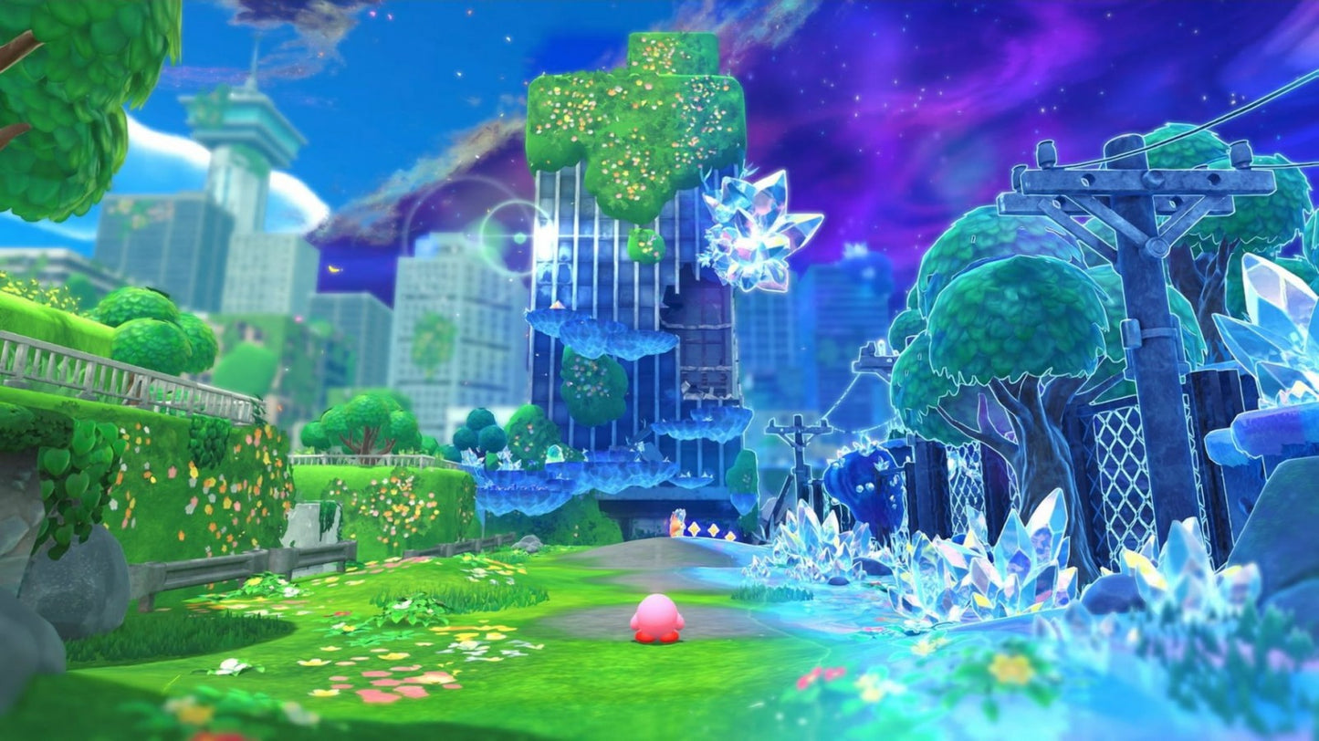 Kirby and the Forgotten Land Star Crossed World Nintendo Switch 2 inspired design featuring colorful 3D platform adventure aesthetic beloved pink hero exploration across vibrant post apocalyptic worlds imaginative abilities cooperative gameplay charming Nintendo action presentation gameplay