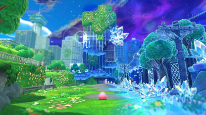 Kirby and the Forgotten Land Star Crossed World Nintendo Switch 2 inspired design featuring colorful 3D platform adventure aesthetic beloved pink hero exploration across vibrant post apocalyptic worlds imaginative abilities cooperative gameplay charming Nintendo action presentation gameplay