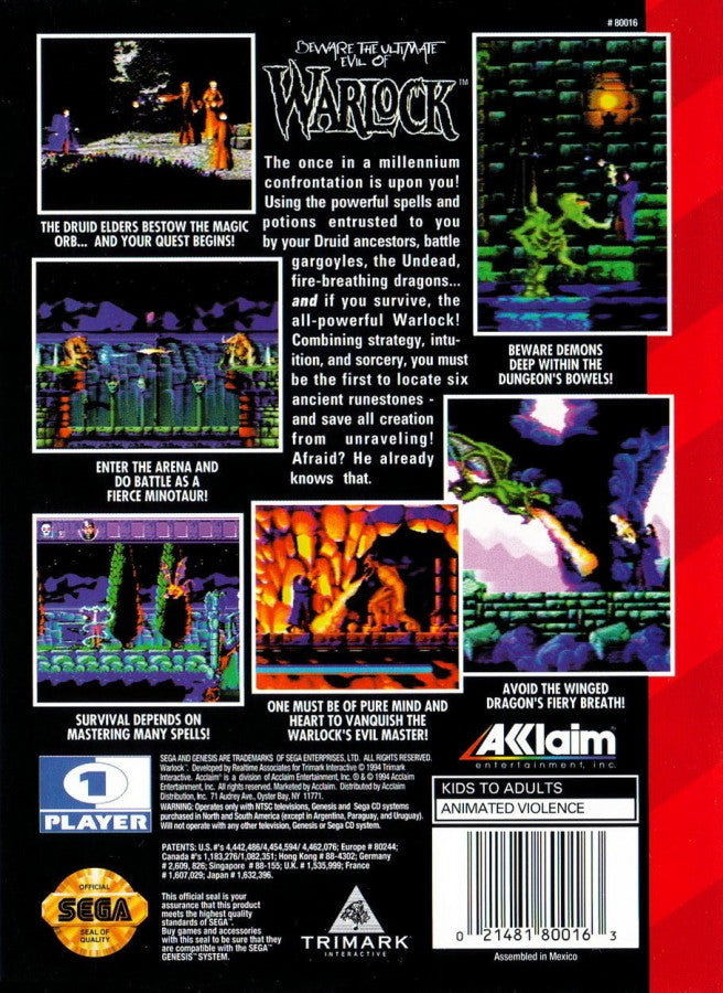 Warlock Sega Genesis retro video game action platformer back of case (1995)