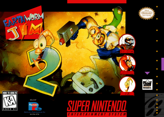 Earthworm Jim 2 for Super Nintendo side scrolling platformer featuring Earthworm Jim bizarre humor creative levels unique weapons and cartoon style gameplay cover art 