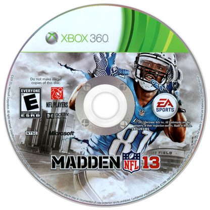 Madden NFL 13 Xbox 360 X360 video game featuring American football sports simulation gameplay NFL teams and players passing plays rushing attacks defensive strategies touchdown scoring quarterback controls precision passing play calling franchise mode season competition multiplayer matches and classic Xbox 360 football gaming retro video game collection collectible gaming appeal disc