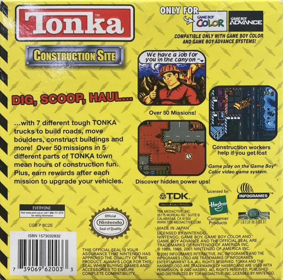 Tonka Construction Site for Game Boy Color, back of case for a simulation video game with construction vehicle gameplay, mini-games, task-based challenges, and family-friendly activities