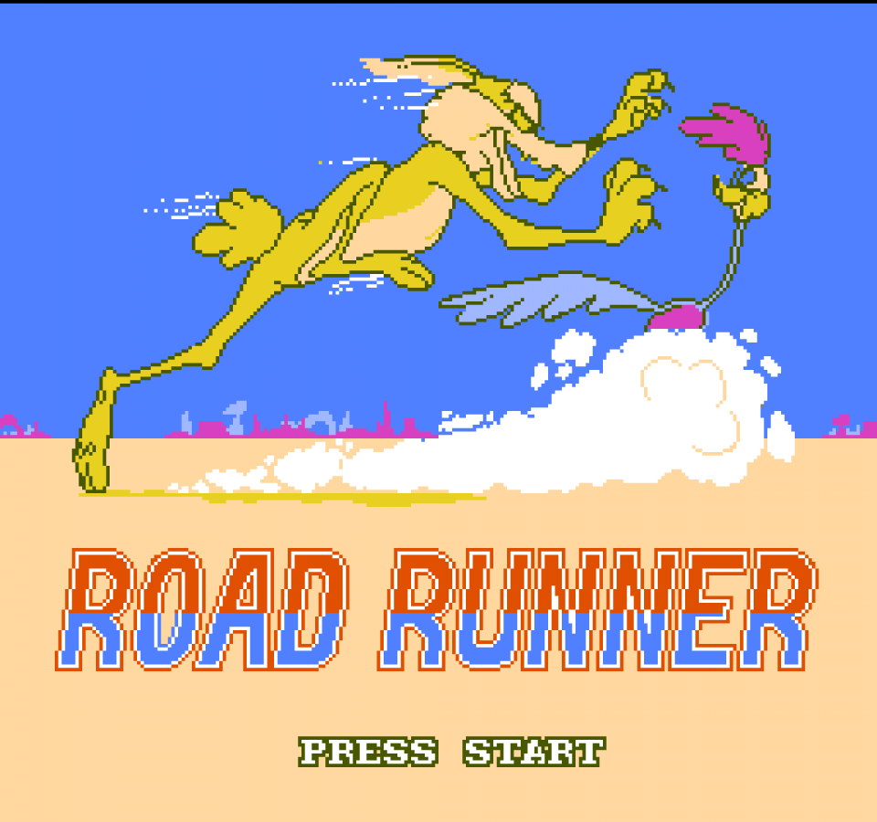 Road Runner Nintendo Entertainment System NES video game featuring classic arcade action gameplay Wile E Coyote and Road Runner Looney Tunes characters high speed desert chase levels obstacle dodging cartoon style action enemy avoidance platforming challenges colorful environments and classic 8 bit Nintendo gameplay retro video game collection collectible gaming appeal gameplay