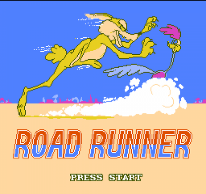 Road Runner Nintendo Entertainment System NES video game featuring classic arcade action gameplay Wile E Coyote and Road Runner Looney Tunes characters high speed desert chase levels obstacle dodging cartoon style action enemy avoidance platforming challenges colorful environments and classic 8 bit Nintendo gameplay retro video game collection collectible gaming appeal gameplay