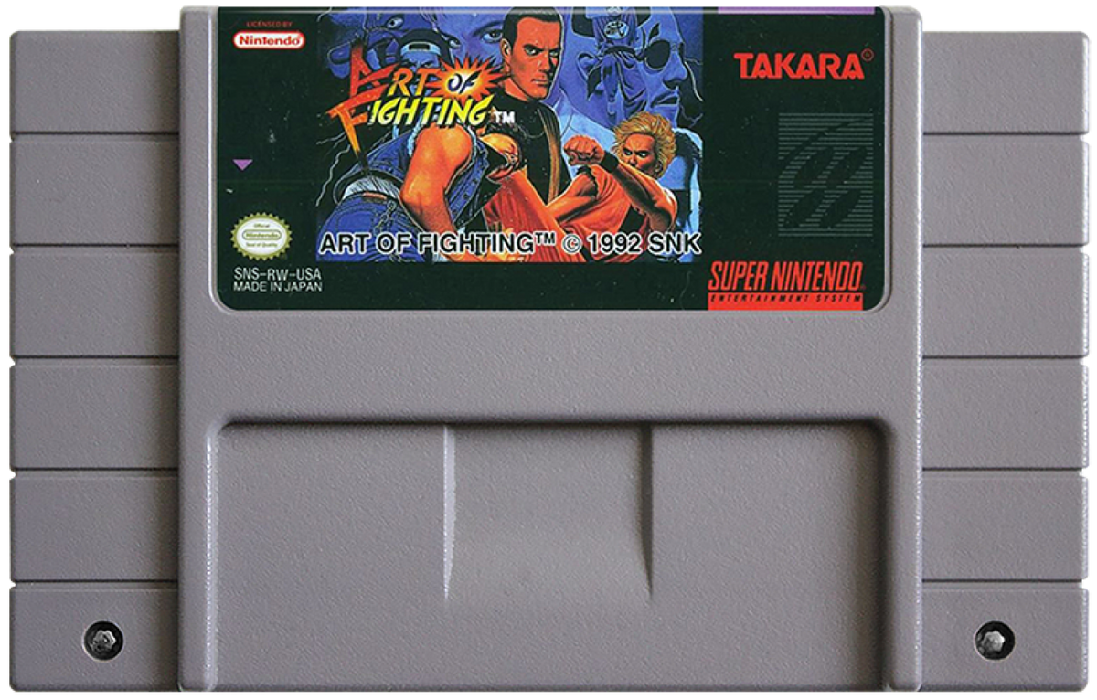 Art of Fighting Super Nintendo Entertainment System SNES video game featuring 2D fighting gameplay martial arts combat Ryo Sakazaki Robert Garcia special moves combo attacks competitive matches character battles and classic 16 bit Nintendo arcade gameplay retro video game collection collectible gaming appeal game cartridge