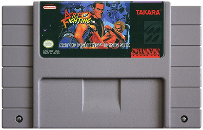 Art of Fighting Super Nintendo Entertainment System SNES video game featuring 2D fighting gameplay martial arts combat Ryo Sakazaki Robert Garcia special moves combo attacks competitive matches character battles and classic 16 bit Nintendo arcade gameplay retro video game collection collectible gaming appeal game cartridge