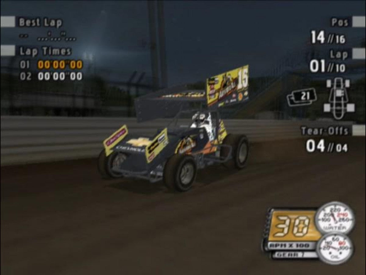 Sprint Cars 2 Showdown at Eldora for the PlayStation 2 featuring dirt track racing gameplay high speed sprint car competition realistic handling and competitive racing action at Eldora Speedway gameplay