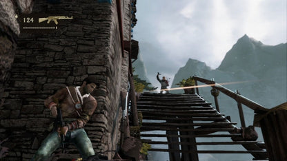 Uncharted 2 Among Thieves Game of the Year Greatest Hits for PlayStation 3, gameplay for an action-adventure third-person shooter video game with cinematic storytelling, treasure hunting, platforming, and blockbuster combat gameplay