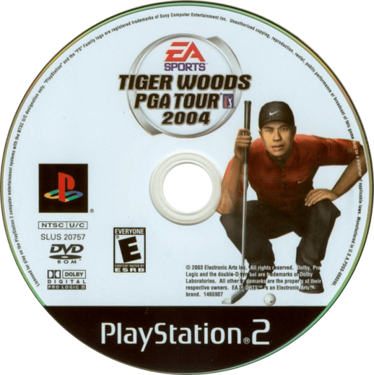 Tiger Woods PGA Tour 2004 – PlayStation 2 (PS2) video game disc, golf sports simulation.