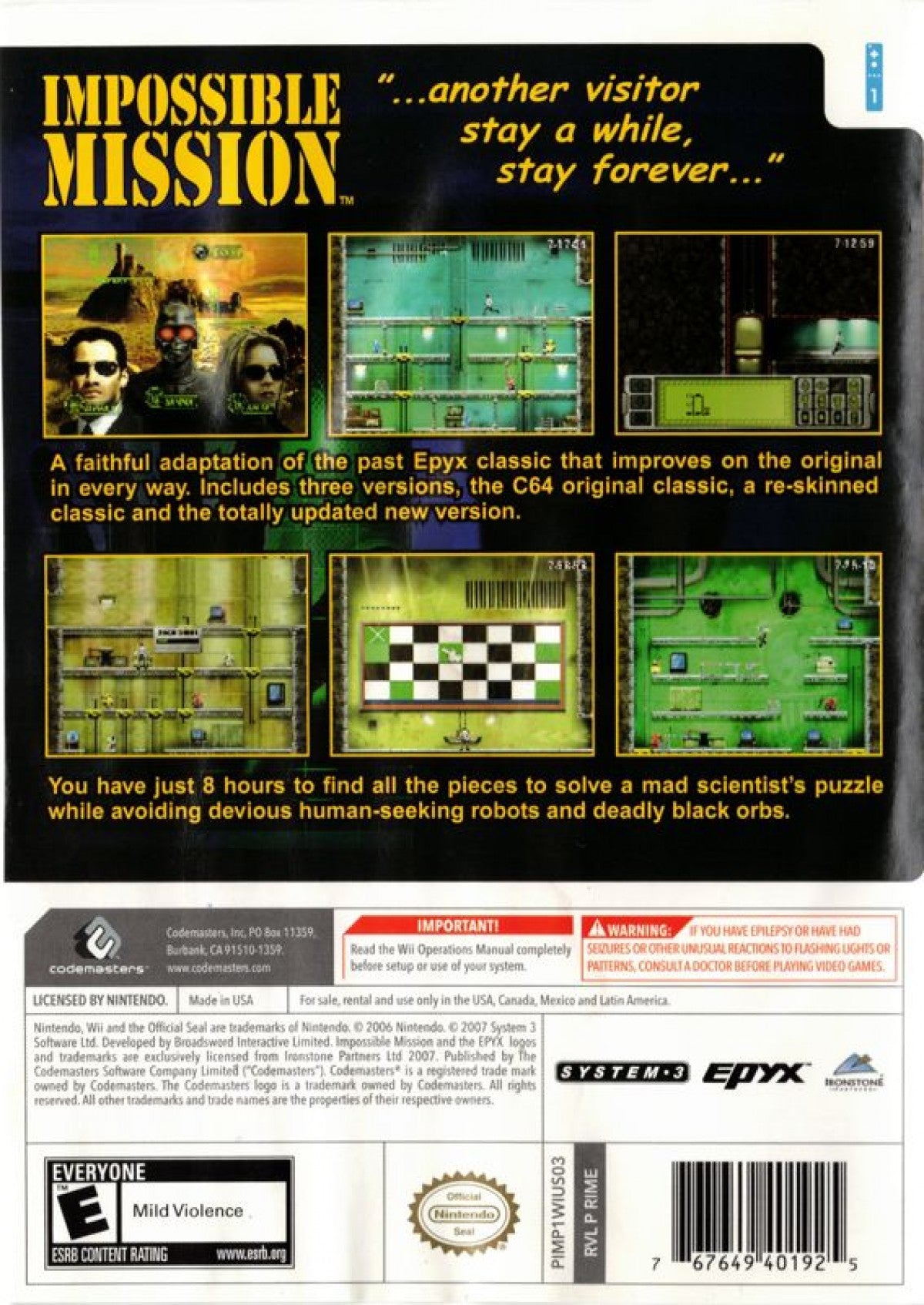 Impossible Mission – Nintendo Wii (Wii) action puzzle platformer video game back of case