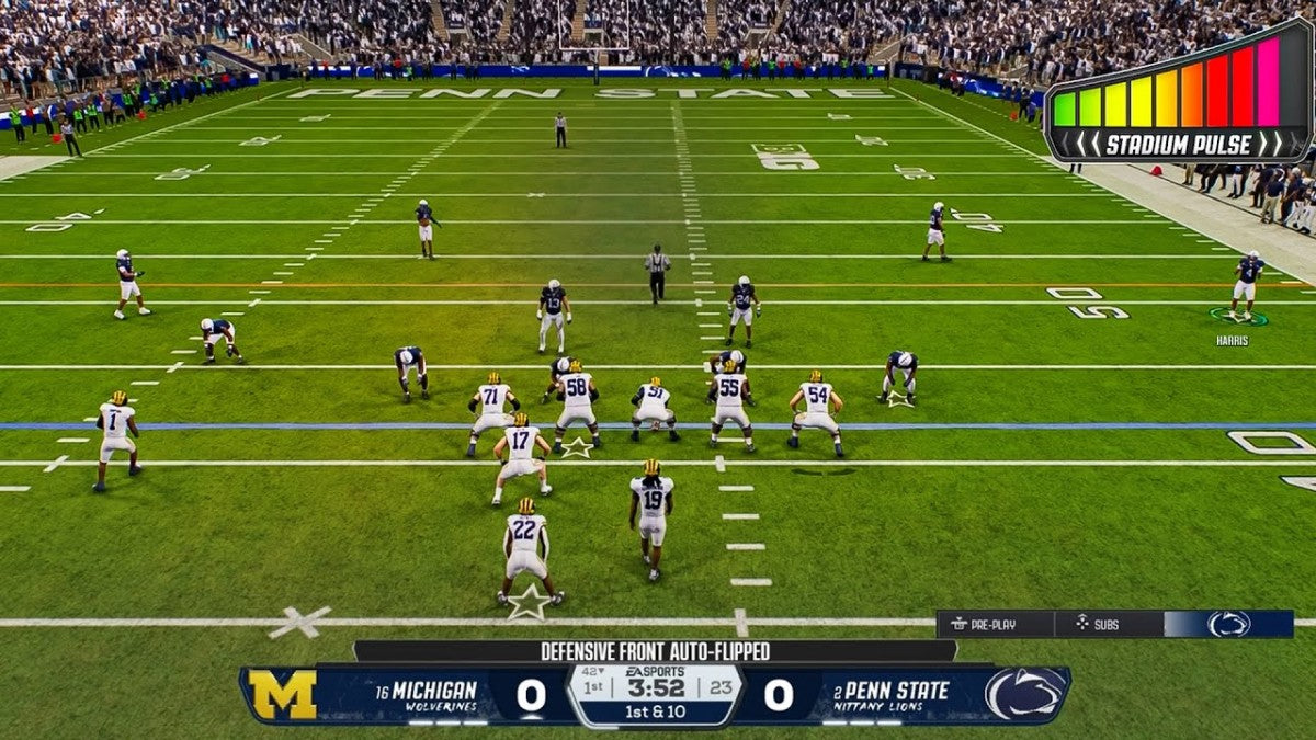 EA Sports College Football 26 PlayStation 5 college football simulation video game featuring 136 FBS schools over 300 authentic coaches 2700 new plays Dynasty Road to Glory College Ultimate Team Road to the College Football Playoff enhanced Stadium Pulse Home Field Advantage dynamic substitutions wear and tear mechanics Heisman Trophy journey recruiting portal authentic game day atmospheres fight songs commentary gameplay screenshot