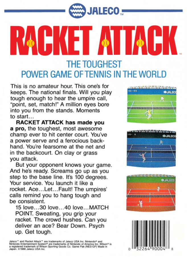 Racket Attack back of box for Nintendo Entertainment System (NES) retro video game