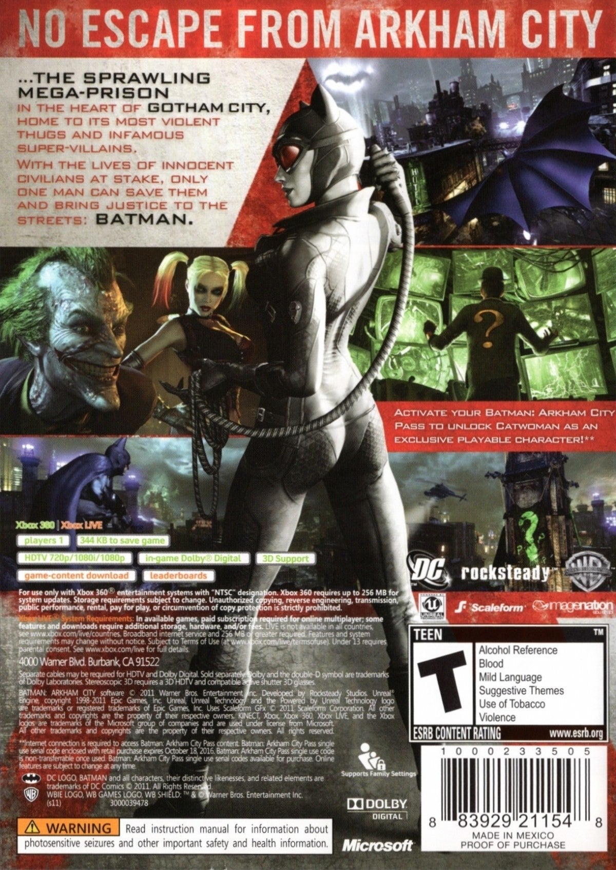 Batman Arkham City Xbox 360 open-world action-adventure stealth video game featuring the Dark Knight Catwoman Joker Hugo Strange Two-Face and Penguin with freeflow combat predator takedowns gadget upgrades gliding traversal and Riddler challenges back cover